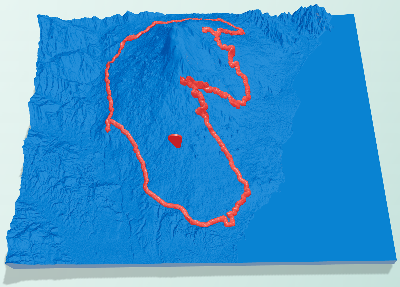Default 3D terrain preview with a blue model, red GPS tracks, and a red pin