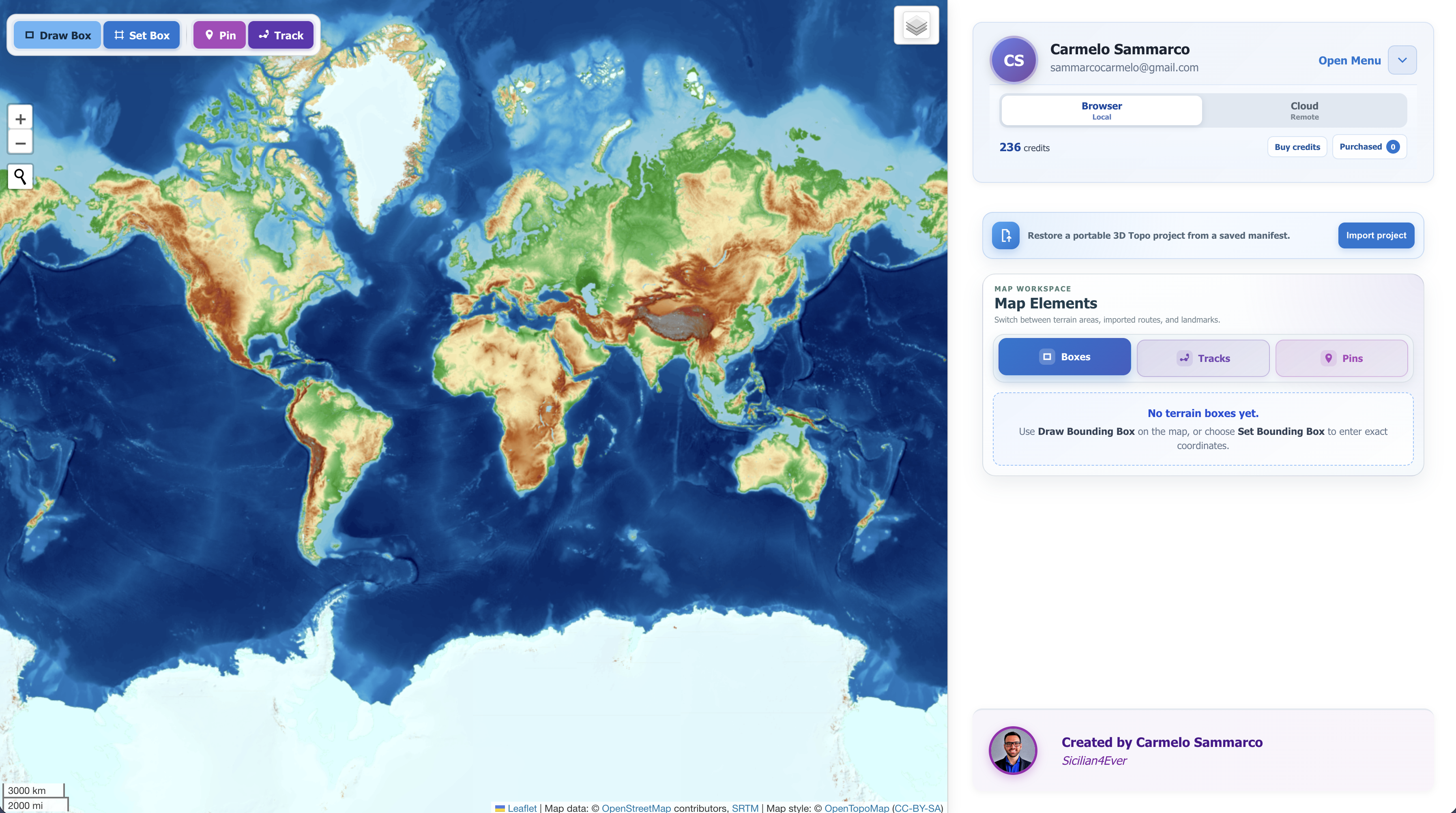 Main desktop workspace with the interactive world map, floating map toolbar, account controls, processing switch, project import, and Map Elements tabs