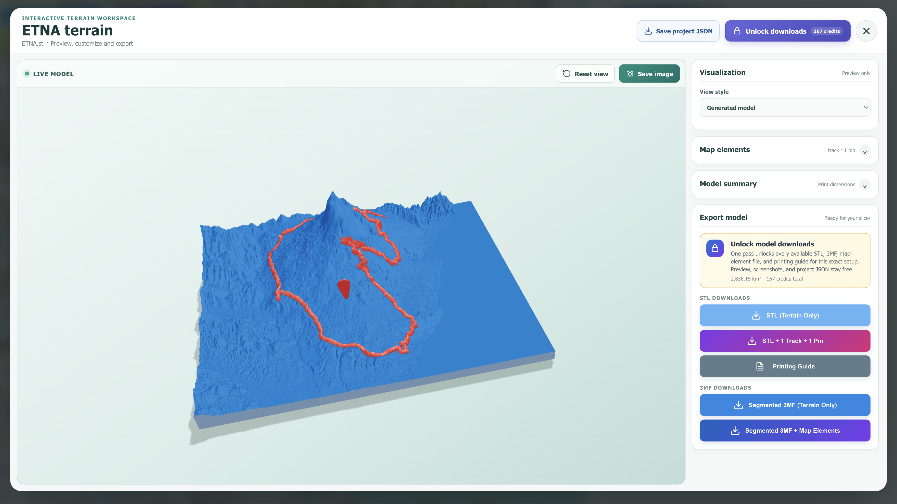 Complete interactive terrain preview with model controls, visualization settings, map elements, model summary, export pass, and STL and 3MF downloads