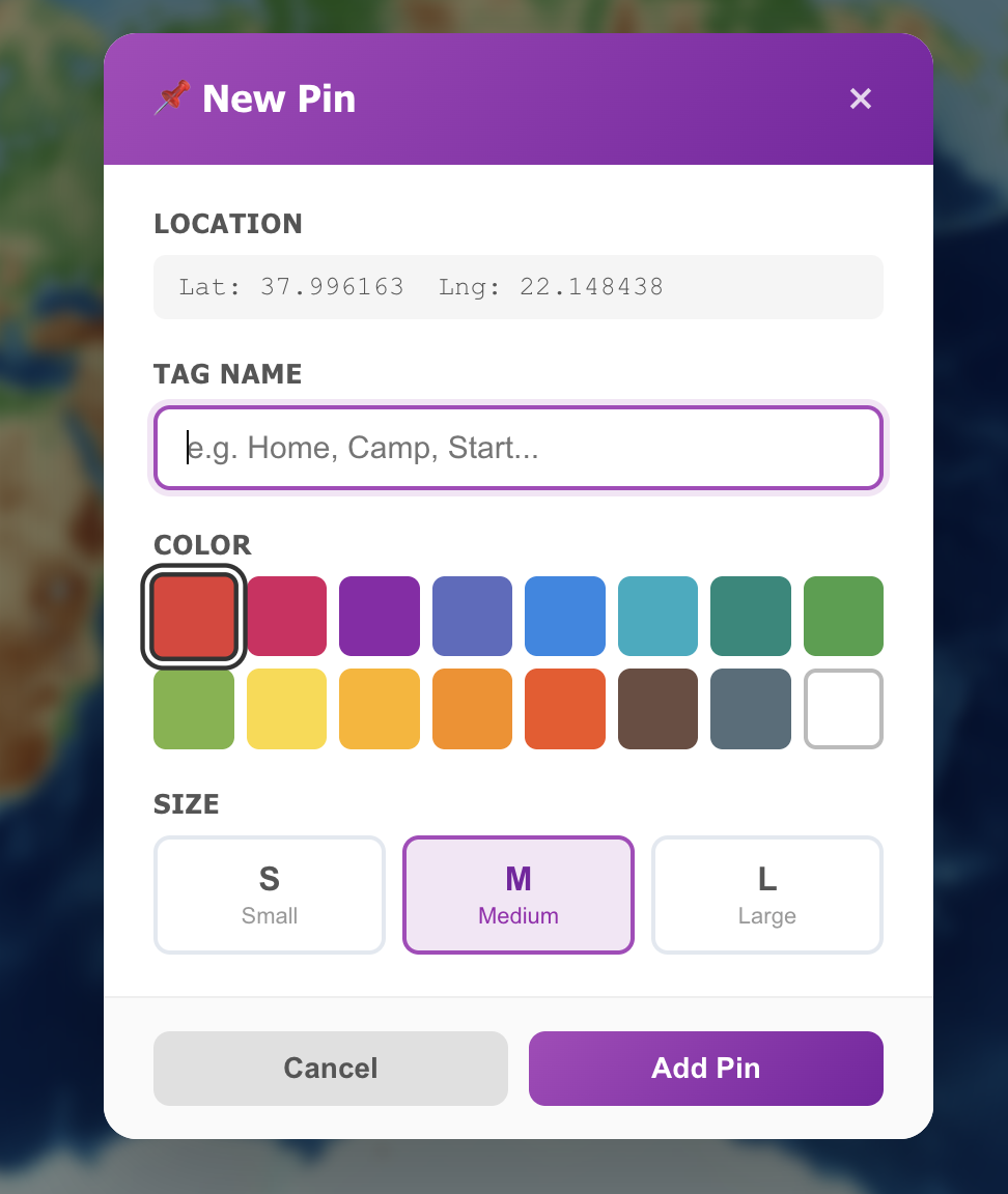 New Pin dialog showing its map coordinates, tag name, colour palette, and size choices