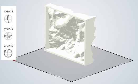 Terrain model rotated upright with a side edge resting on the 3D printer build plate