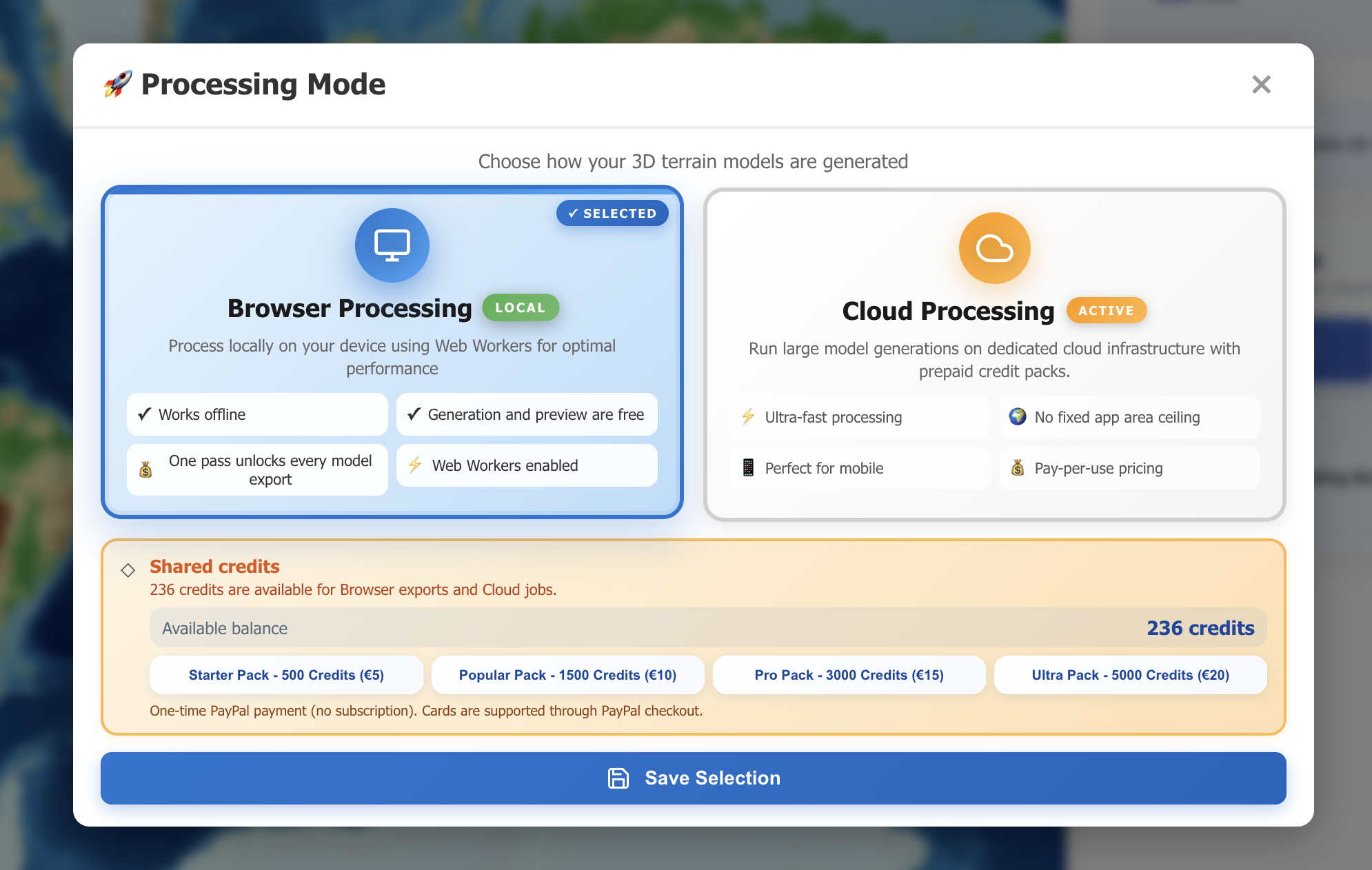 Processing Mode window comparing Browser and Cloud workflows with the shared credit balance and credit packs
