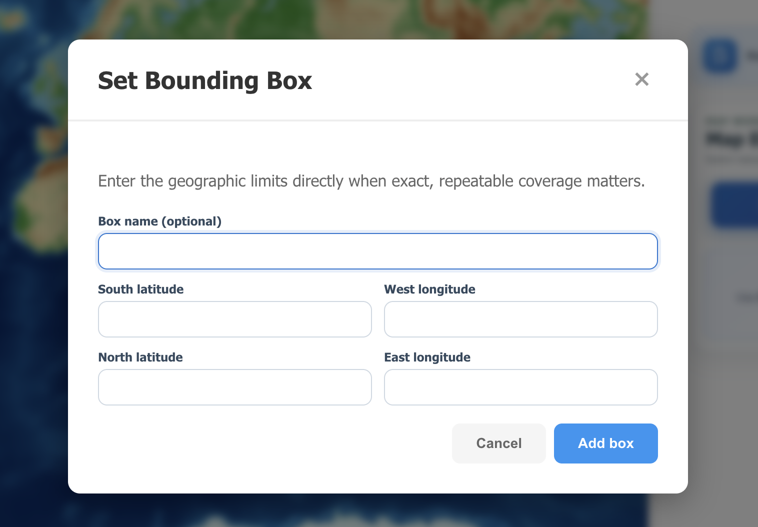 Set Bounding Box dialog with optional box name and south, west, north, and east coordinate fields