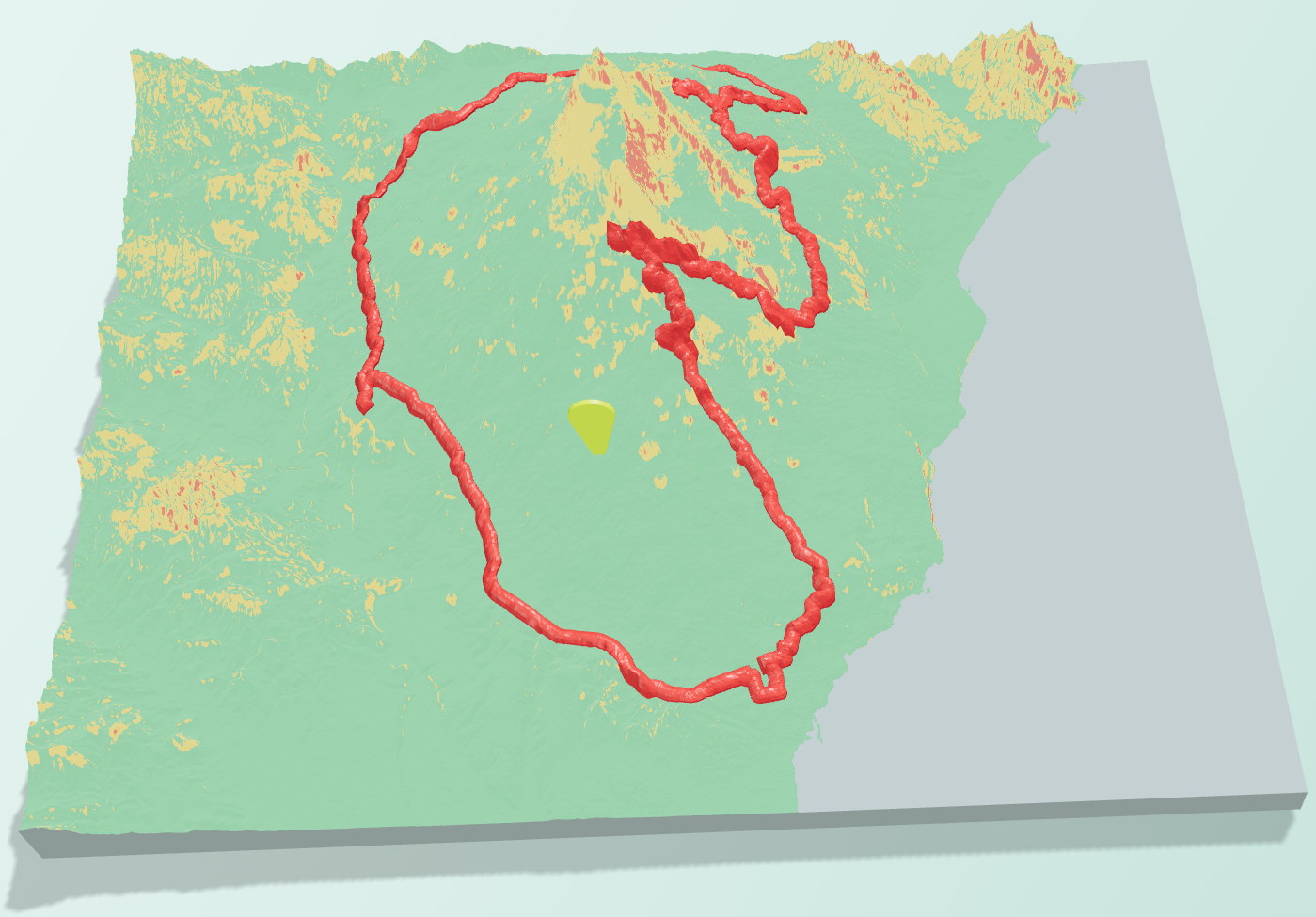3D terrain preview using green, yellow, and red slope classes with masked sea areas