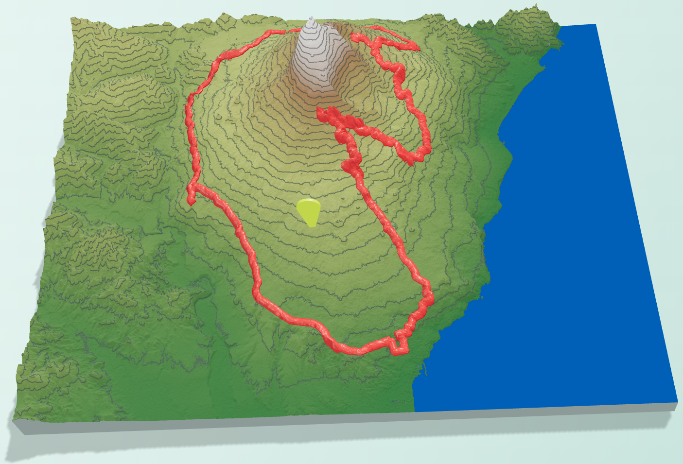 3D terrain preview with procedural contour lines and a topographic elevation colour scale